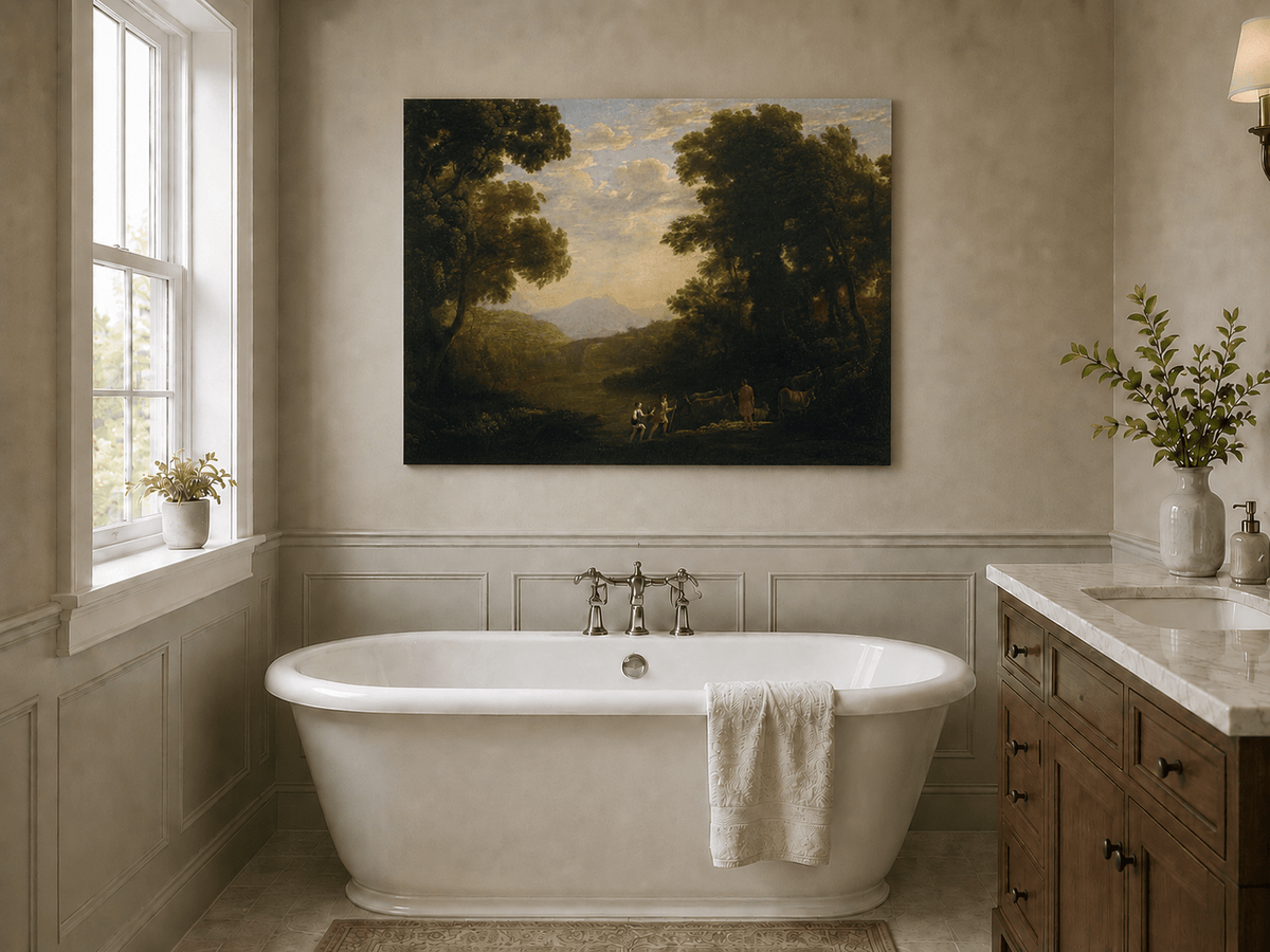 Landscape Oil Painting - Riverside Figures & Cattle