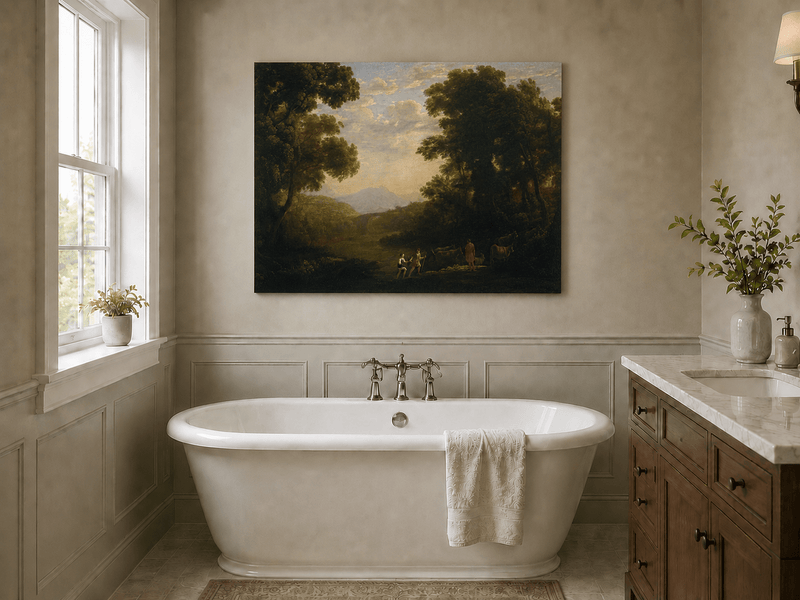 Landscape Oil Painting - Riverside Figures & Cattle