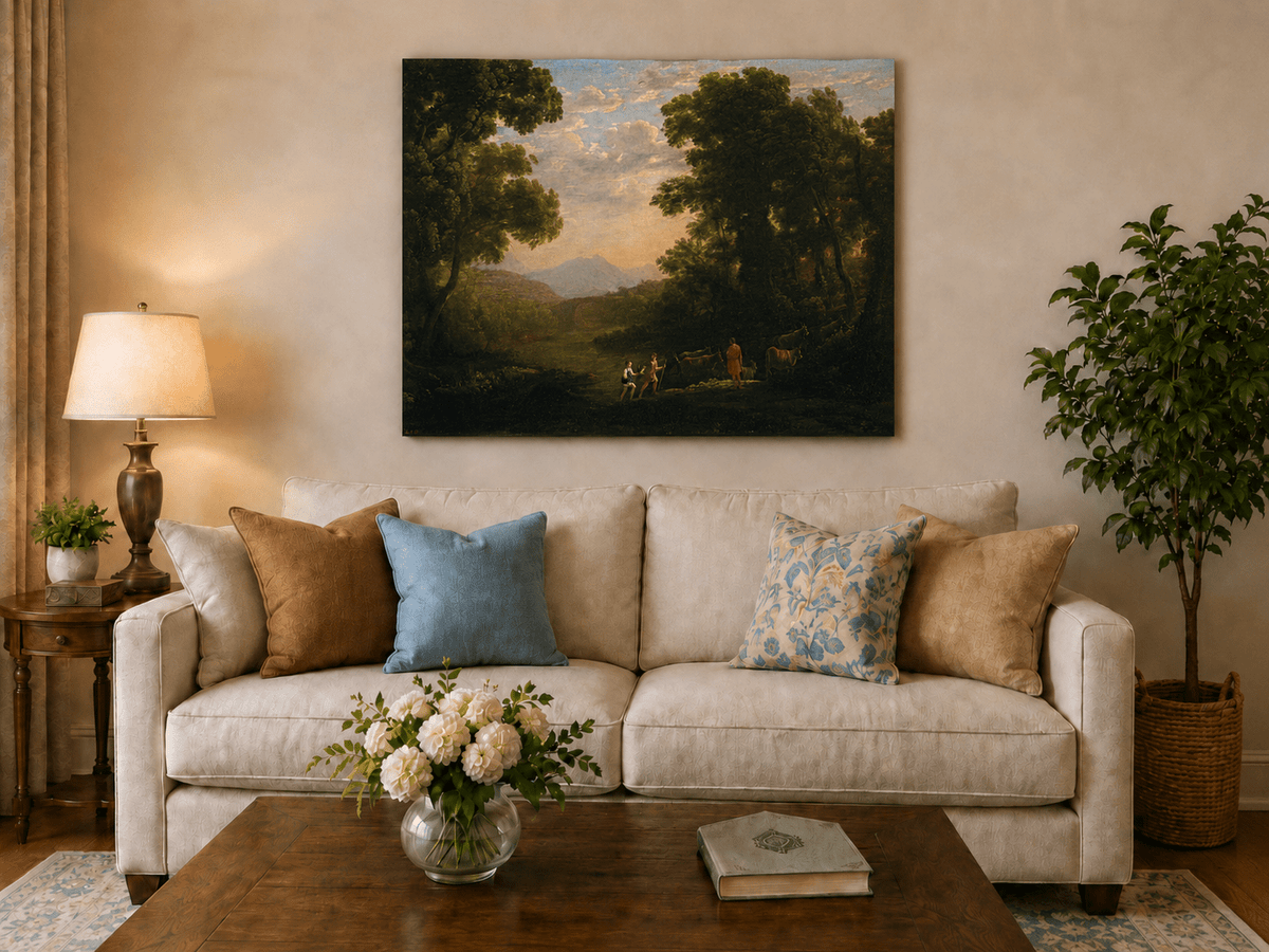 Landscape Oil Painting - Riverside Figures & Cattle