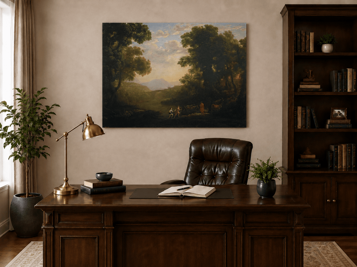 Landscape Oil Painting - Riverside Figures & Cattle