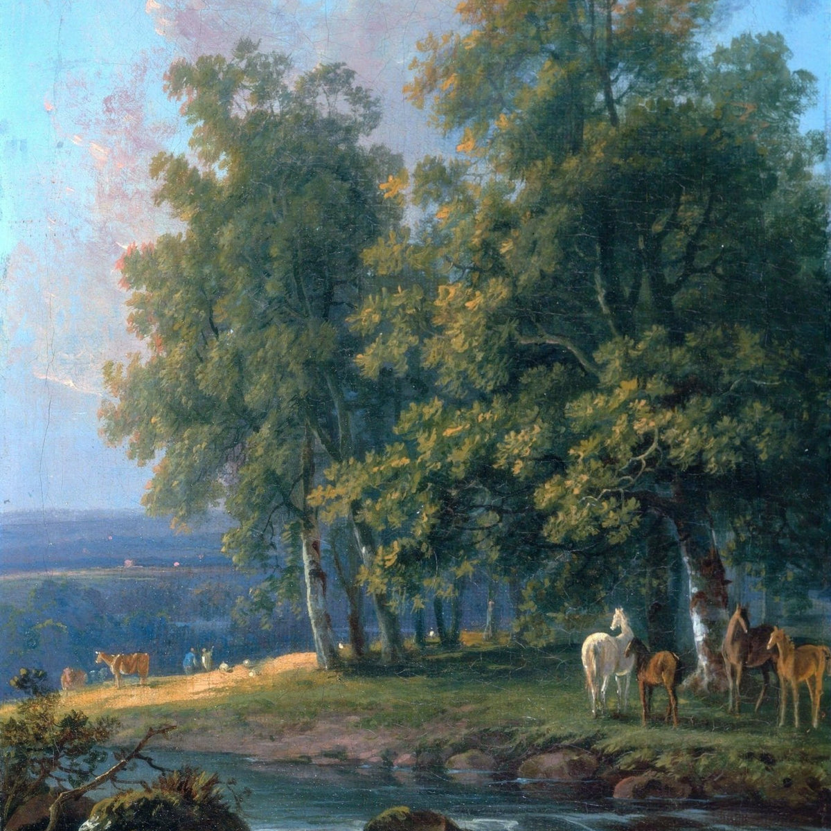 Hand-painted riverside forest with horses landscape oil painting on canvas