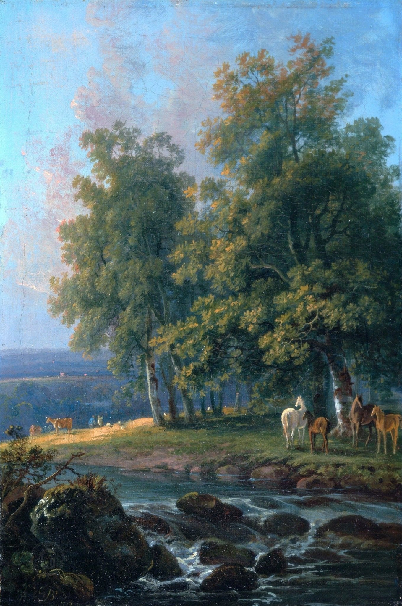 Hand-painted riverside forest with horses landscape oil painting on canvas