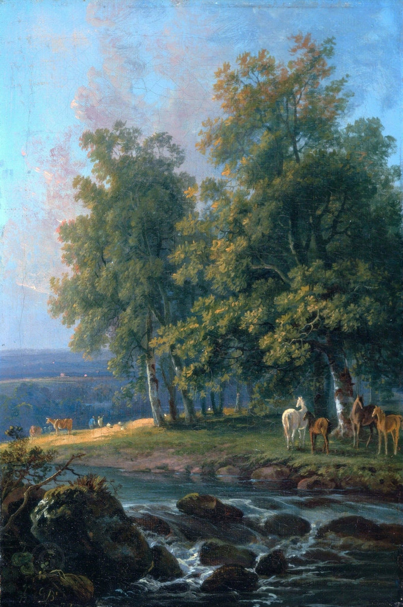Hand-painted riverside forest with horses landscape oil painting on canvas