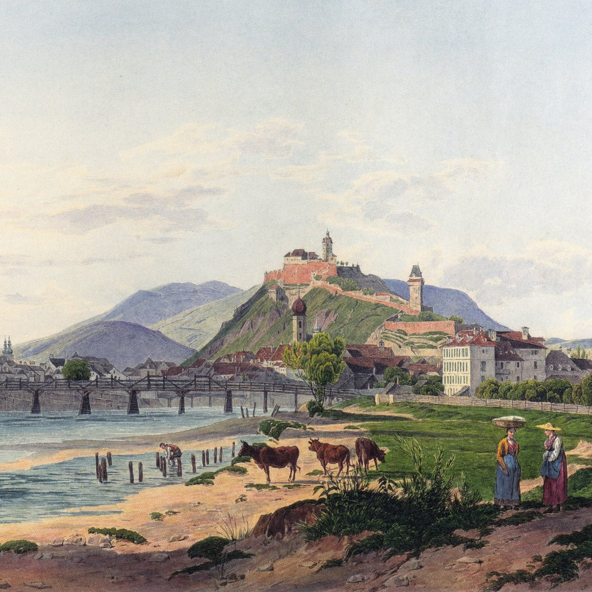 Hand-painted riverside fortress town and pastoral view landscape oil painting on canvas