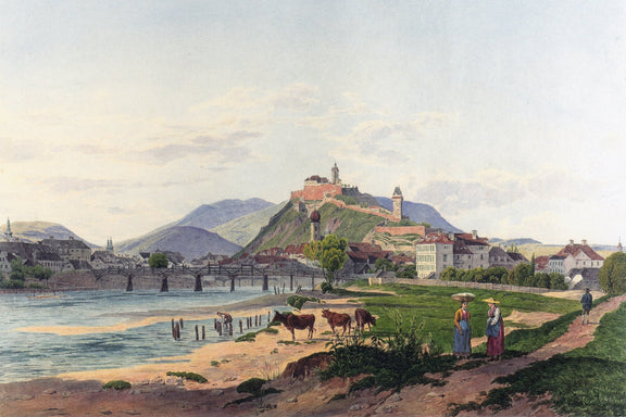 Hand-painted riverside fortress town and pastoral view landscape oil painting on canvas
