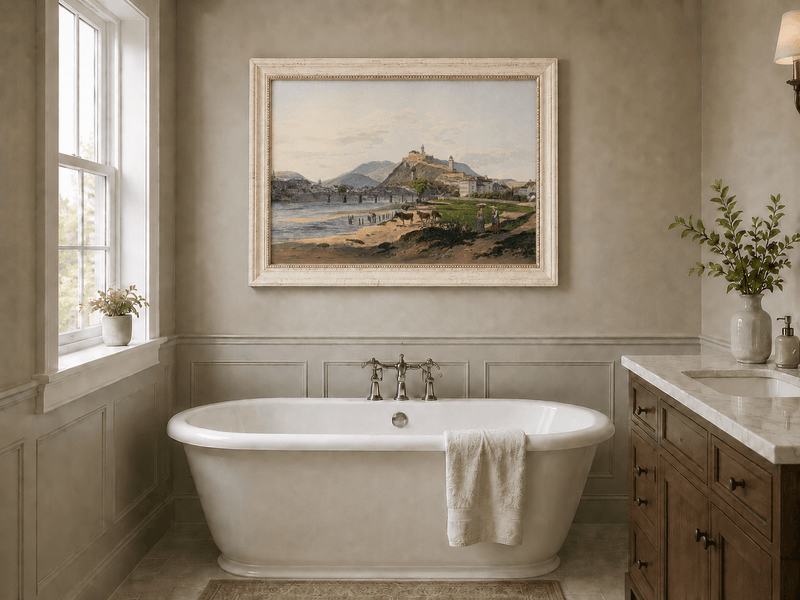 Landscape Oil Painting - Riverside Fortress Town & Pastoral