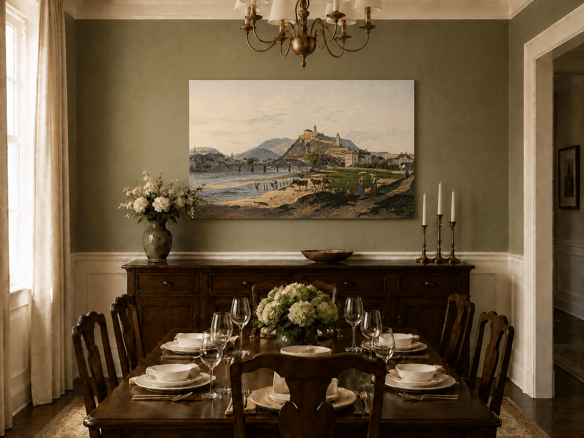 Landscape Oil Painting - Riverside Fortress Town & Pastoral