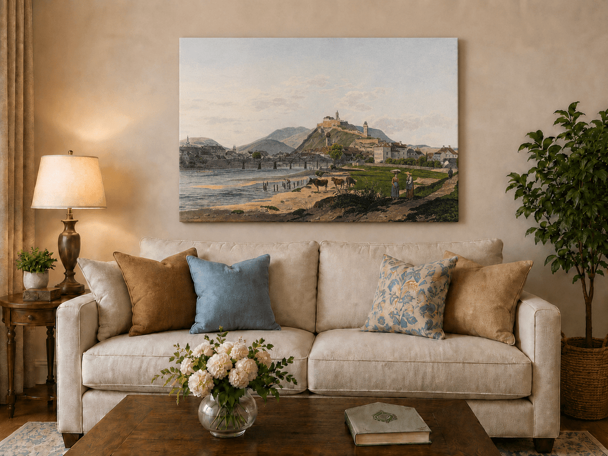 Landscape Oil Painting - Riverside Fortress Town & Pastoral