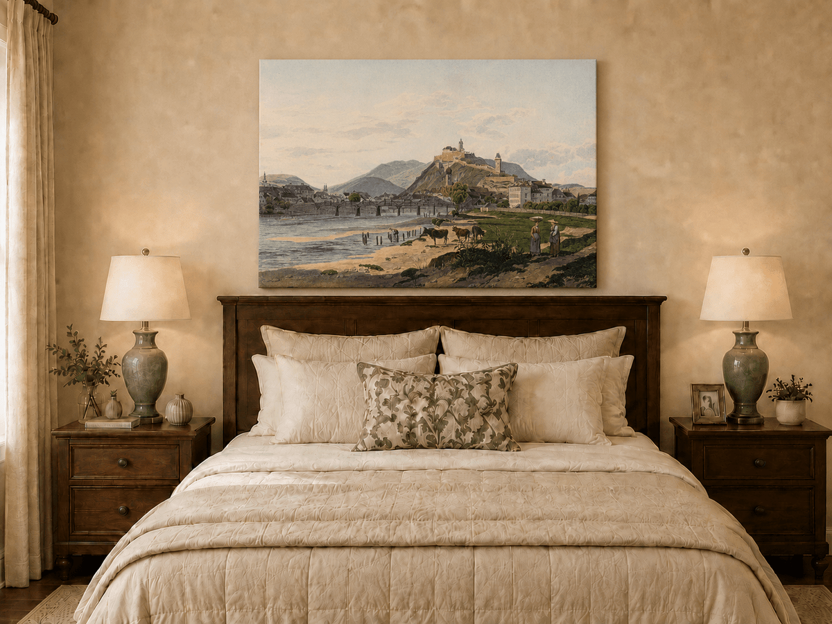 Landscape Oil Painting - Riverside Fortress Town & Pastoral