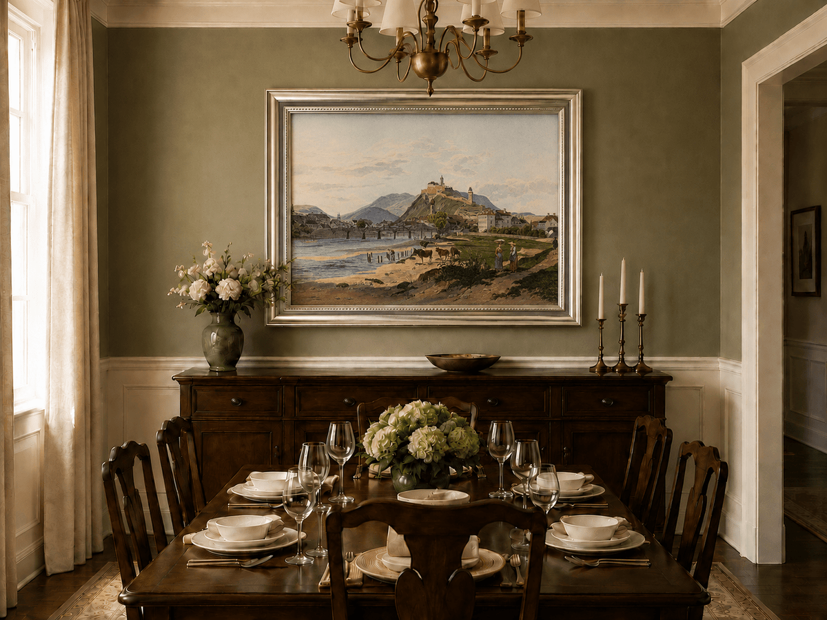 Landscape Oil Painting - Riverside Fortress Town & Pastoral