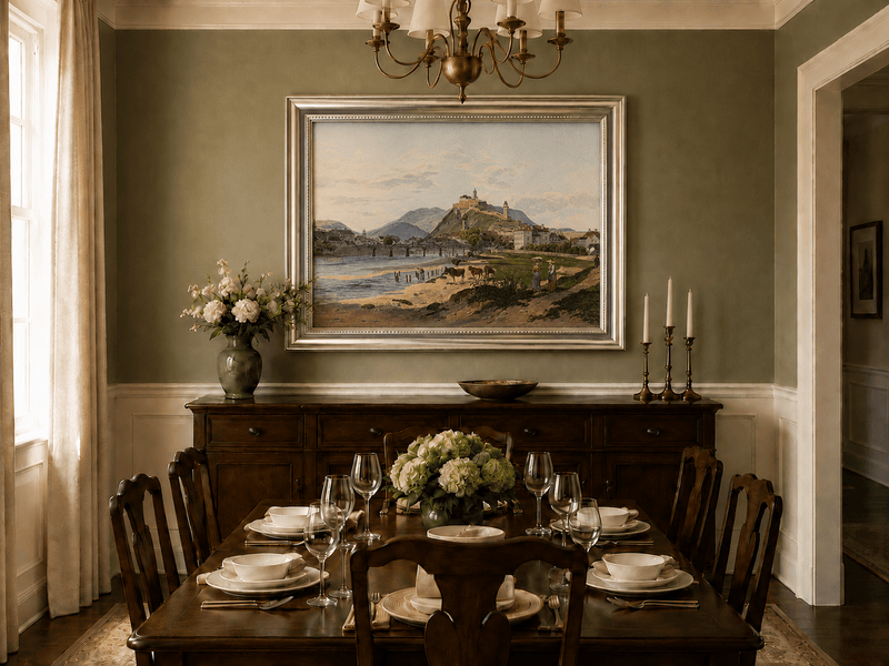 Landscape Oil Painting - Riverside Fortress Town & Pastoral