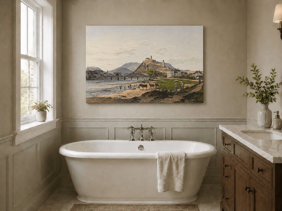 Landscape Oil Painting - Riverside Fortress Town & Pastoral