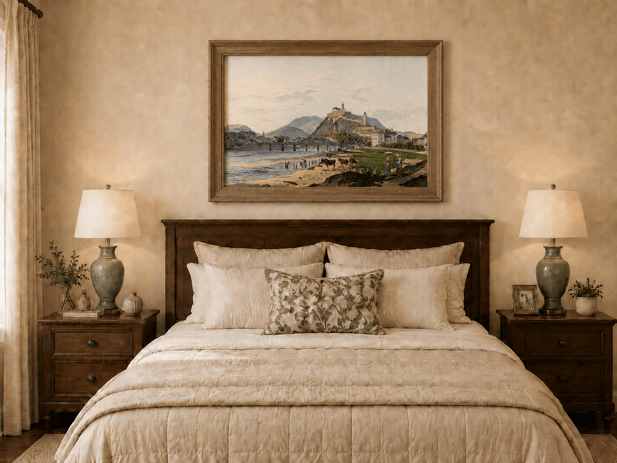 Landscape Oil Painting - Riverside Fortress Town & Pastoral
