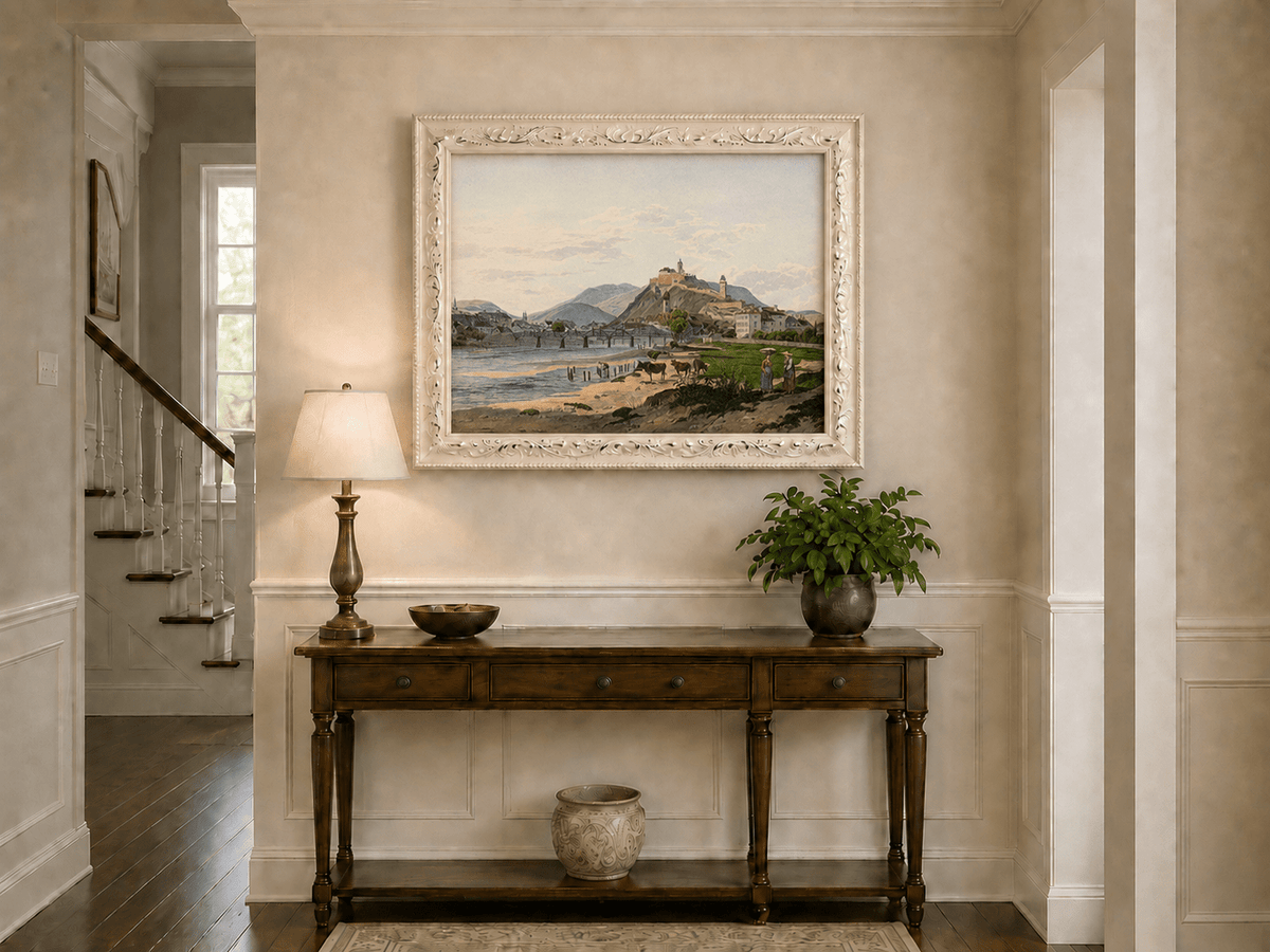 Landscape Oil Painting - Riverside Fortress Town & Pastoral