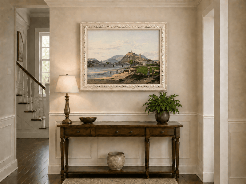 Landscape Oil Painting - Riverside Fortress Town & Pastoral