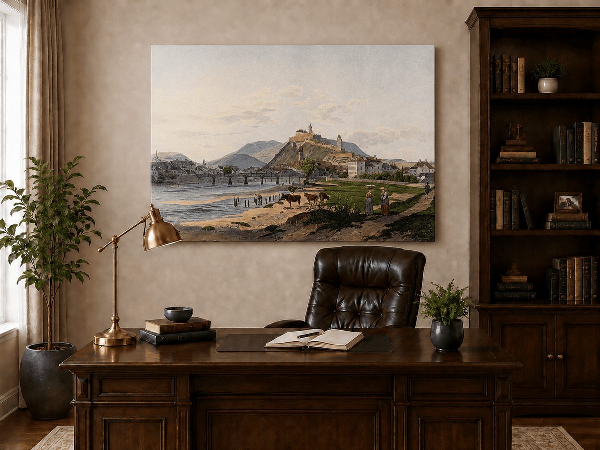 Landscape Oil Painting - Riverside Fortress Town & Pastoral