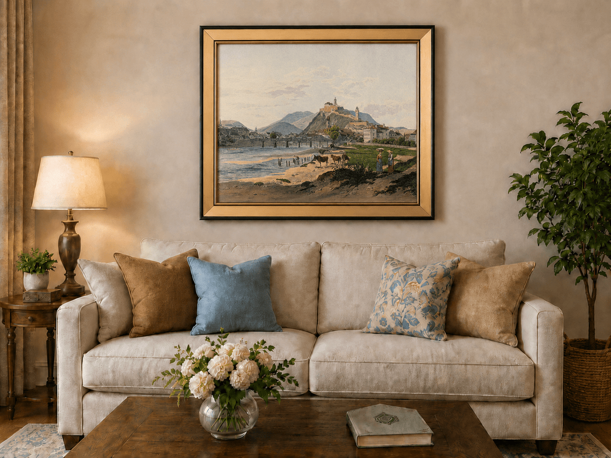 Landscape Oil Painting - Riverside Fortress Town & Pastoral