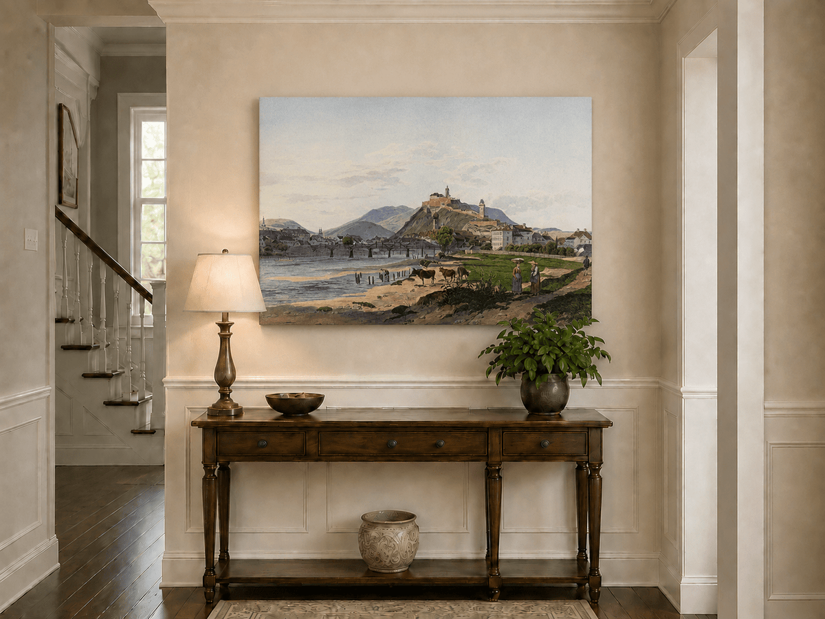 Landscape Oil Painting - Riverside Fortress Town & Pastoral