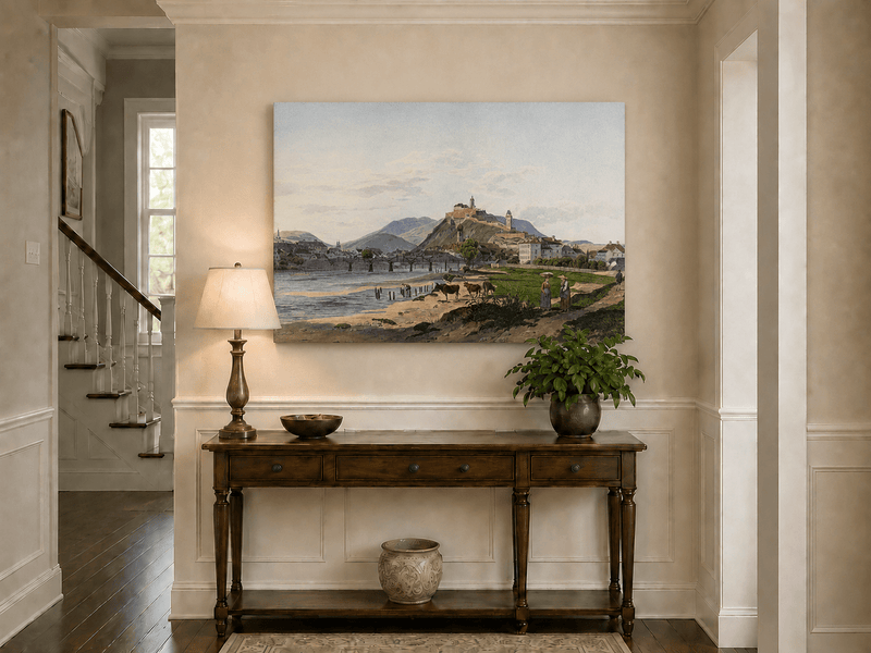 Landscape Oil Painting - Riverside Fortress Town & Pastoral