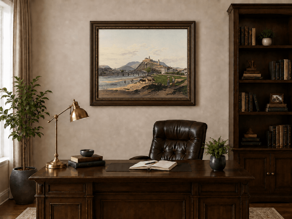 Landscape Oil Painting - Riverside Fortress Town & Pastoral