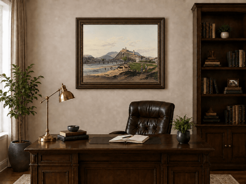 Landscape Oil Painting - Riverside Fortress Town & Pastoral