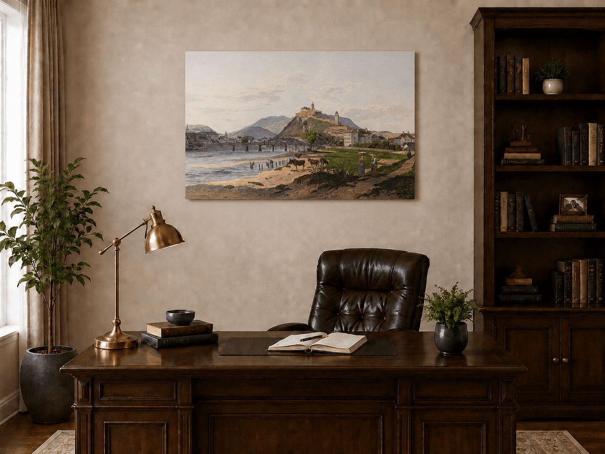 Landscape Oil Painting - Riverside Fortress Town with Cows