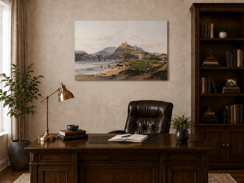 Landscape Oil Painting - Riverside Fortress Town with Cows