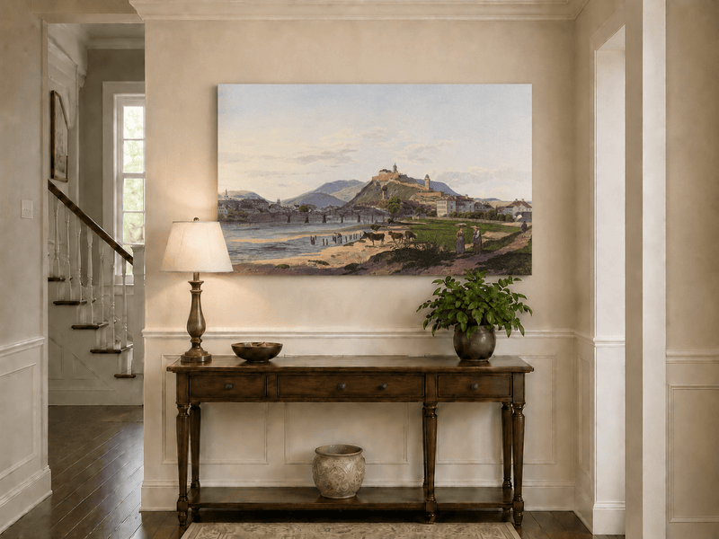 Landscape Oil Painting - Riverside Fortress Town with Cows