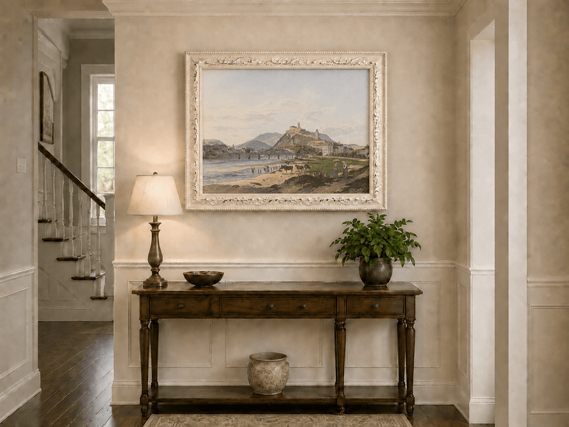 Landscape Oil Painting - Riverside Fortress Town with Cows