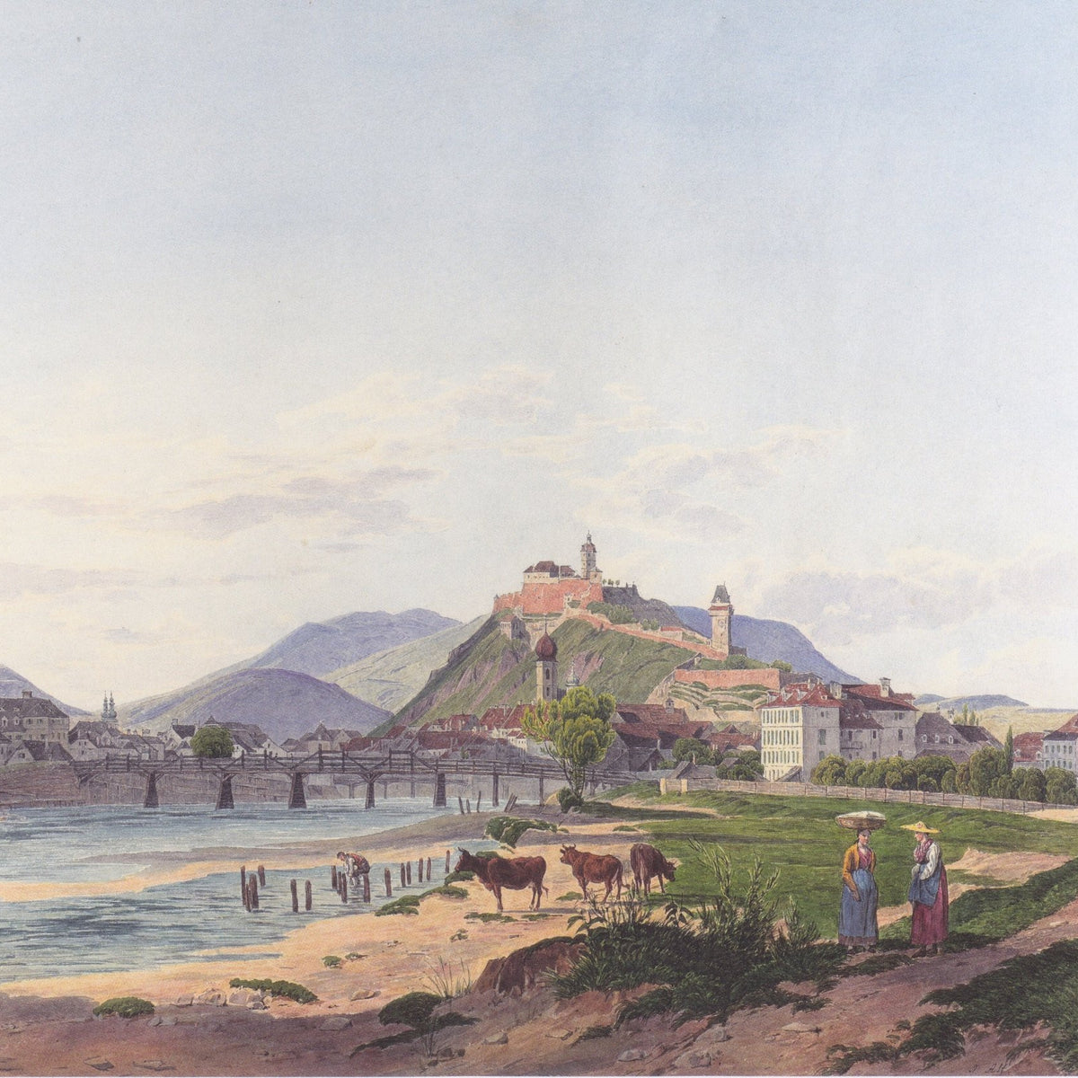 Hand-painted riverside fortress town with cows landscape oil painting on canvas