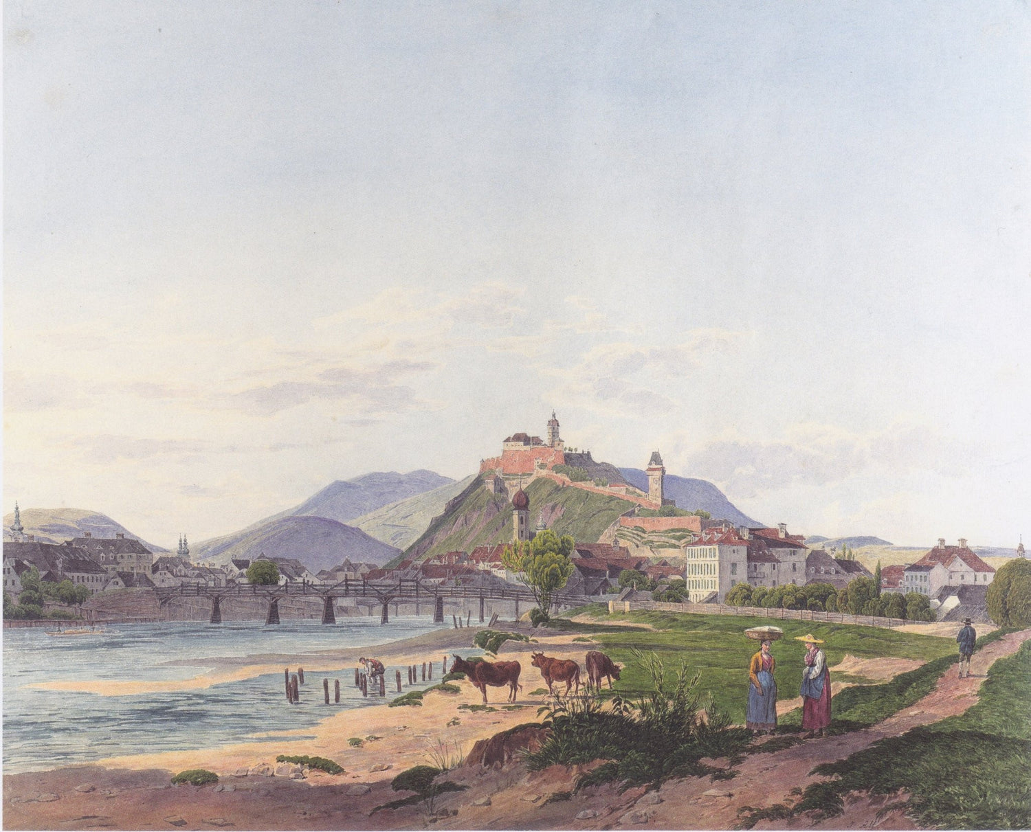 Hand-painted riverside fortress town with cows landscape oil painting on canvas