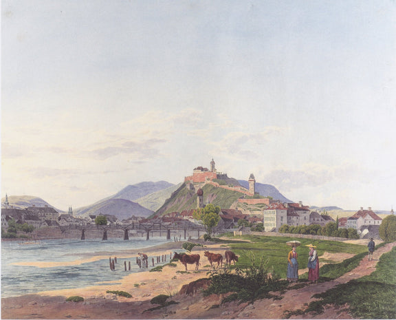 Hand-painted riverside fortress town with cows landscape oil painting on canvas
