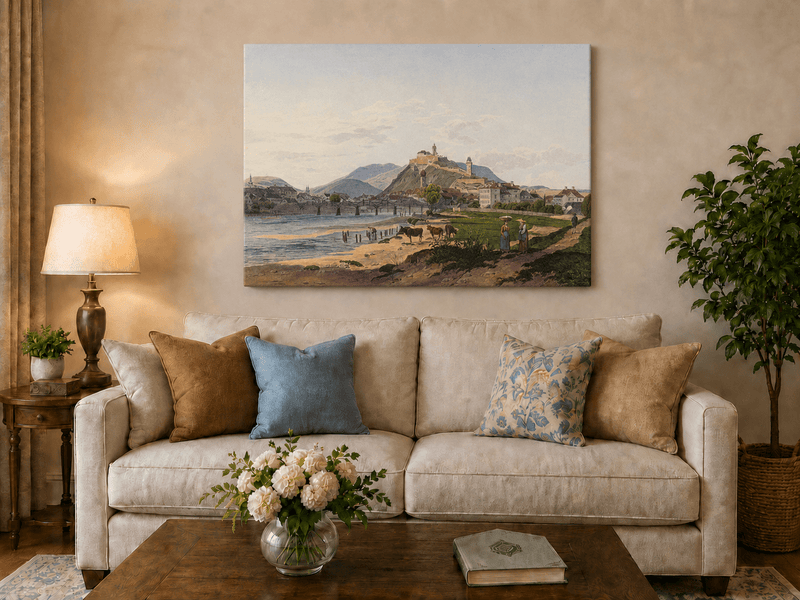 Landscape Oil Painting - Riverside Fortress Town with Cows
