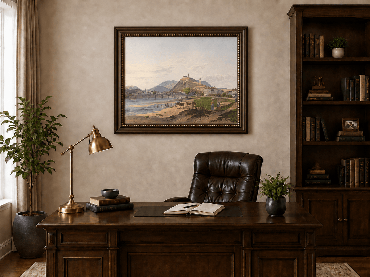 Landscape Oil Painting - Riverside Fortress Town with Cows