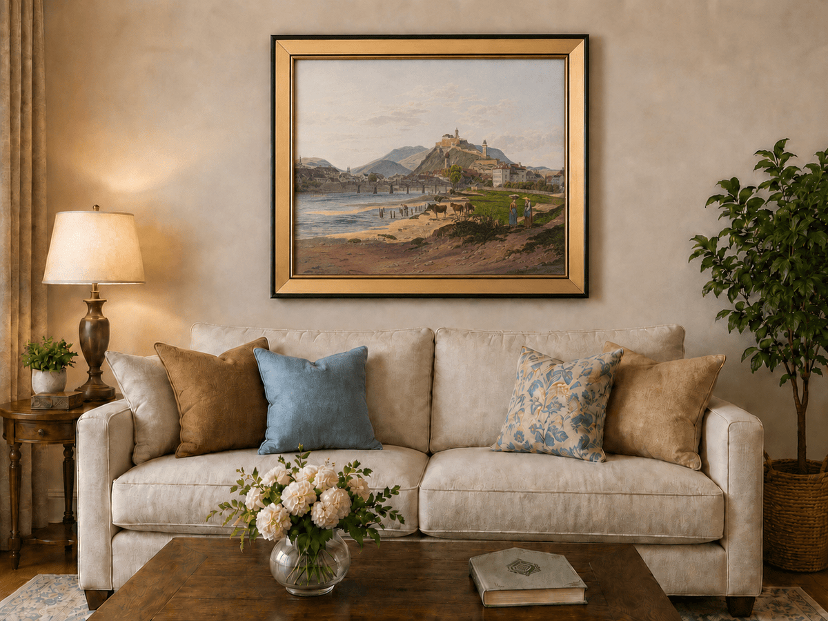 Landscape Oil Painting - Riverside Fortress Town with Cows