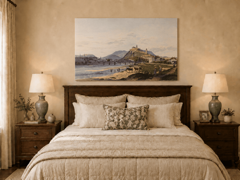 Landscape Oil Painting - Riverside Fortress Town with Cows