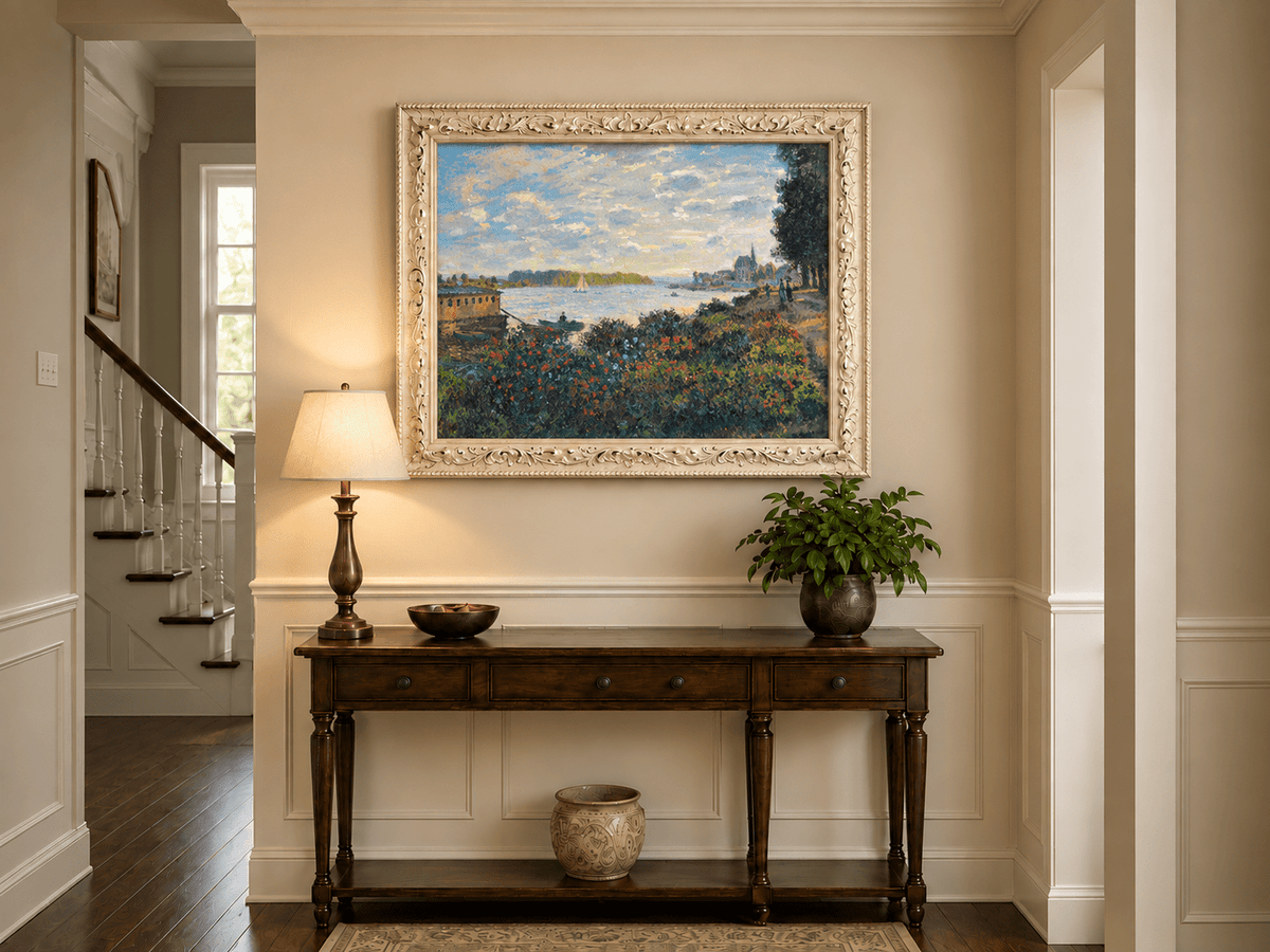 Landscape Oil Painting - Riverside Garden at Sunset with Sailboat