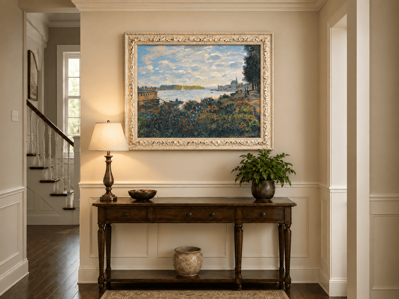 Landscape Oil Painting - Riverside Garden at Sunset with Sailboat