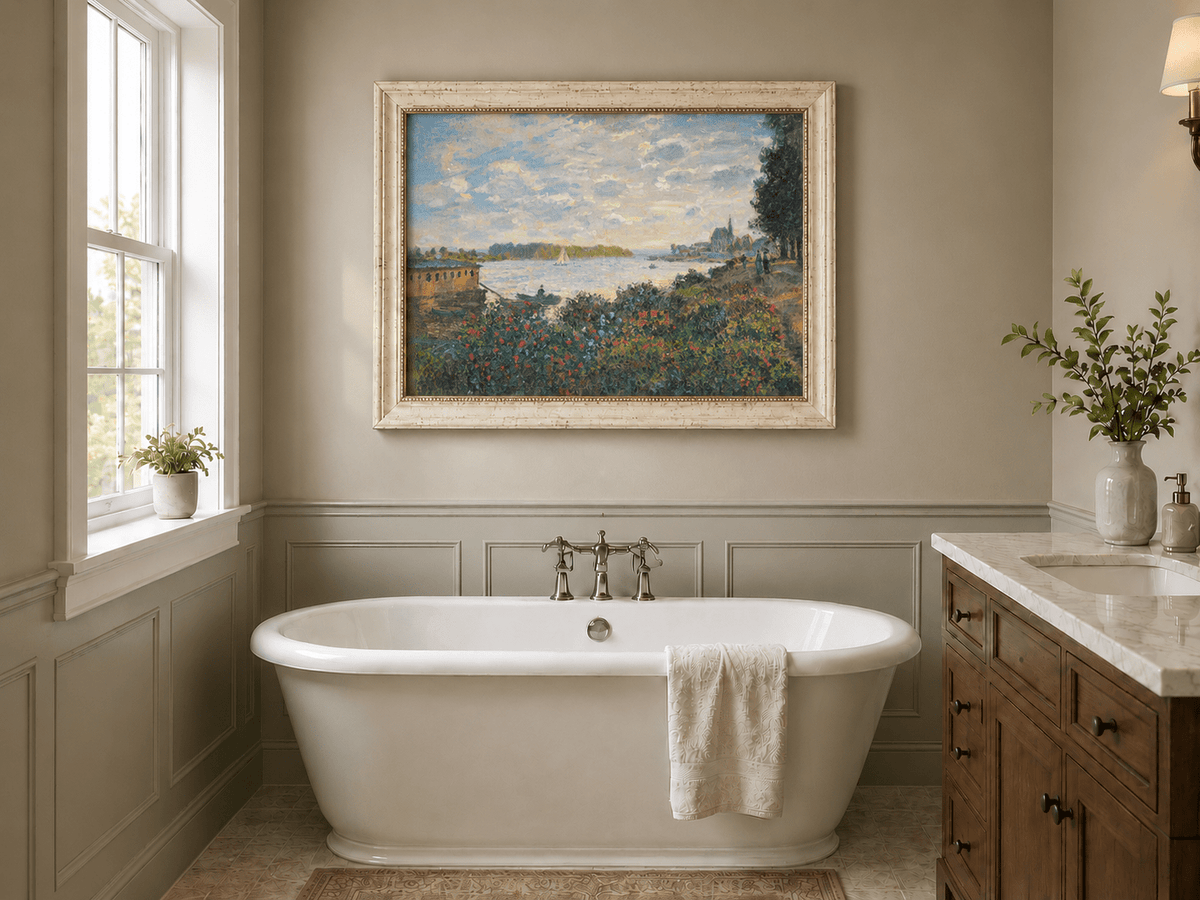 Landscape Oil Painting - Riverside Garden at Sunset with Sailboat
