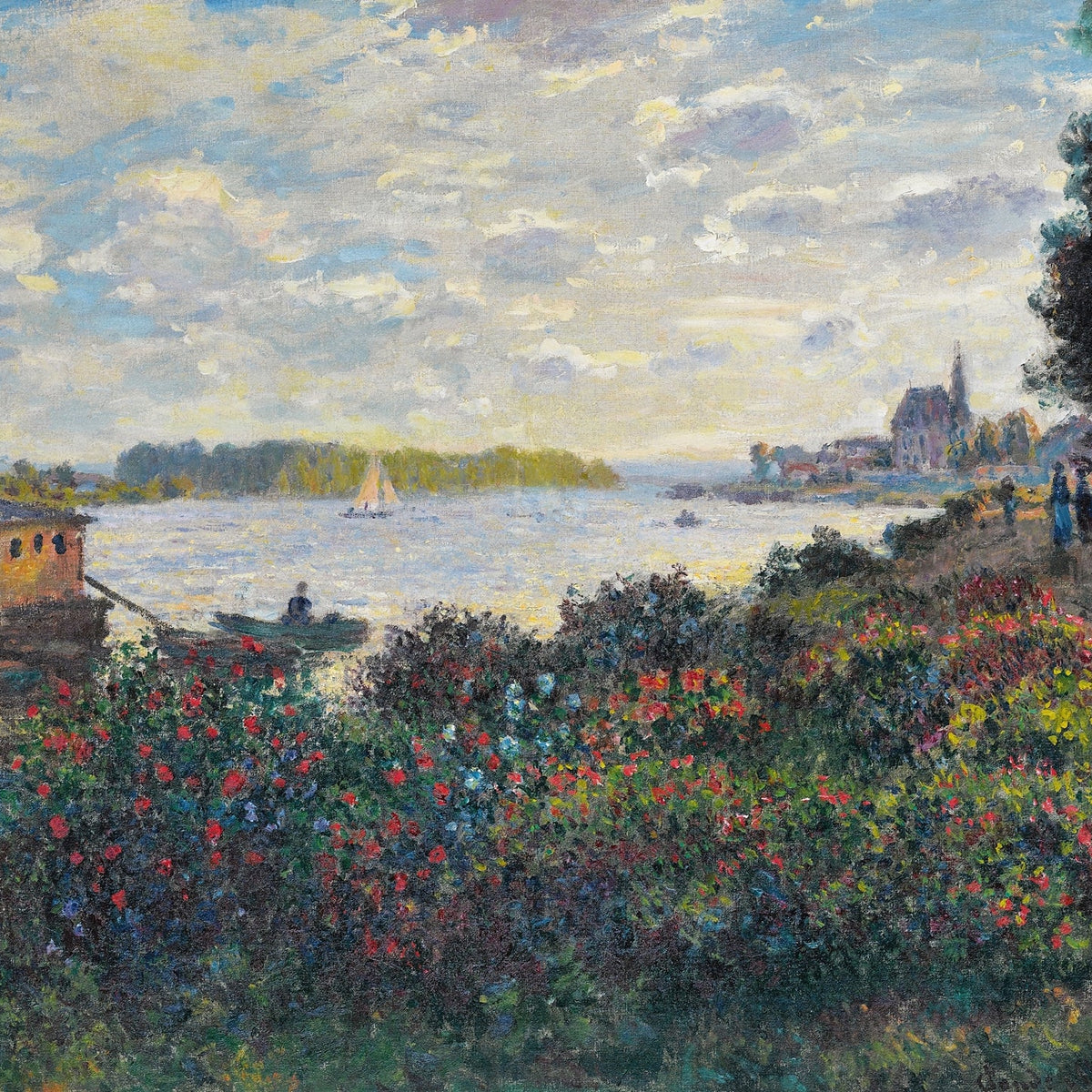 Hand-painted riverside garden at sunset with sailboat landscape oil painting on canvas