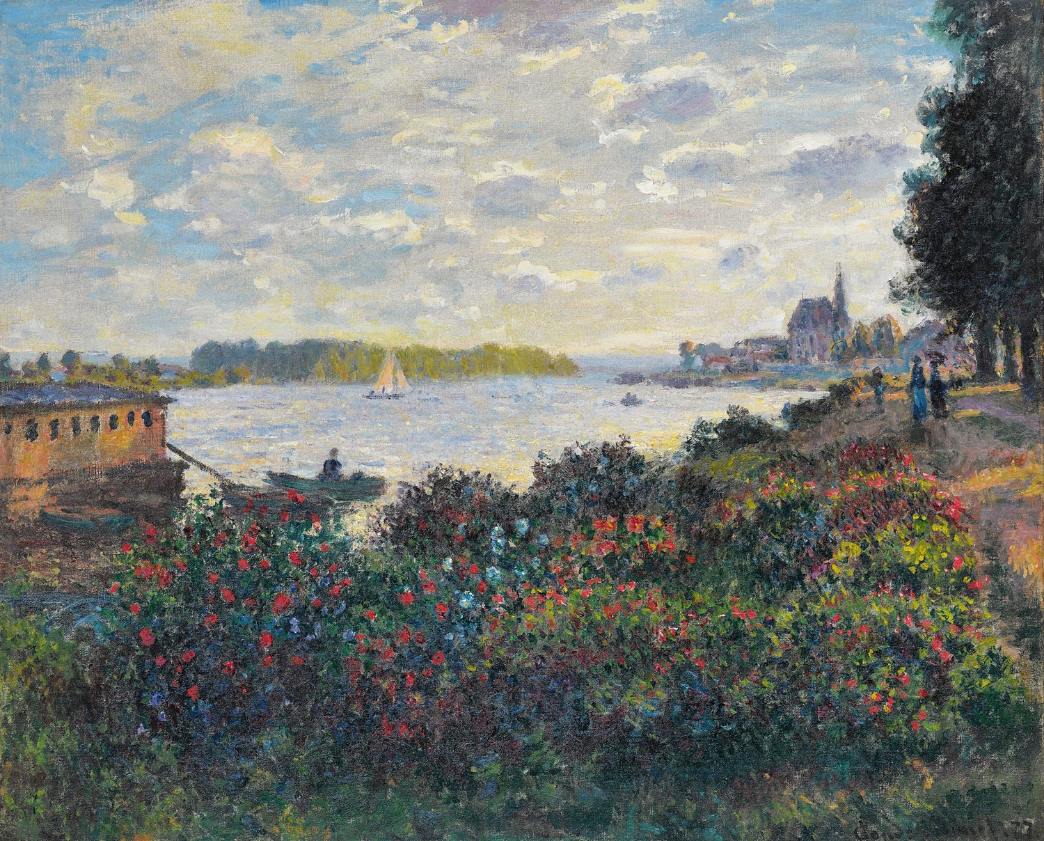 Landscape Oil Painting - Riverside Garden at Sunset with Sailboat - Oil Painting Haven