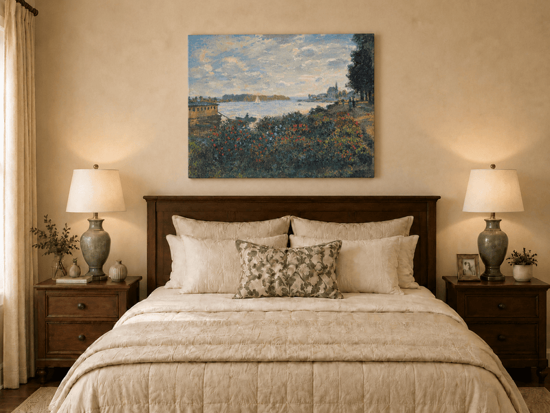 Landscape Oil Painting - Riverside Garden at Sunset with Sailboat