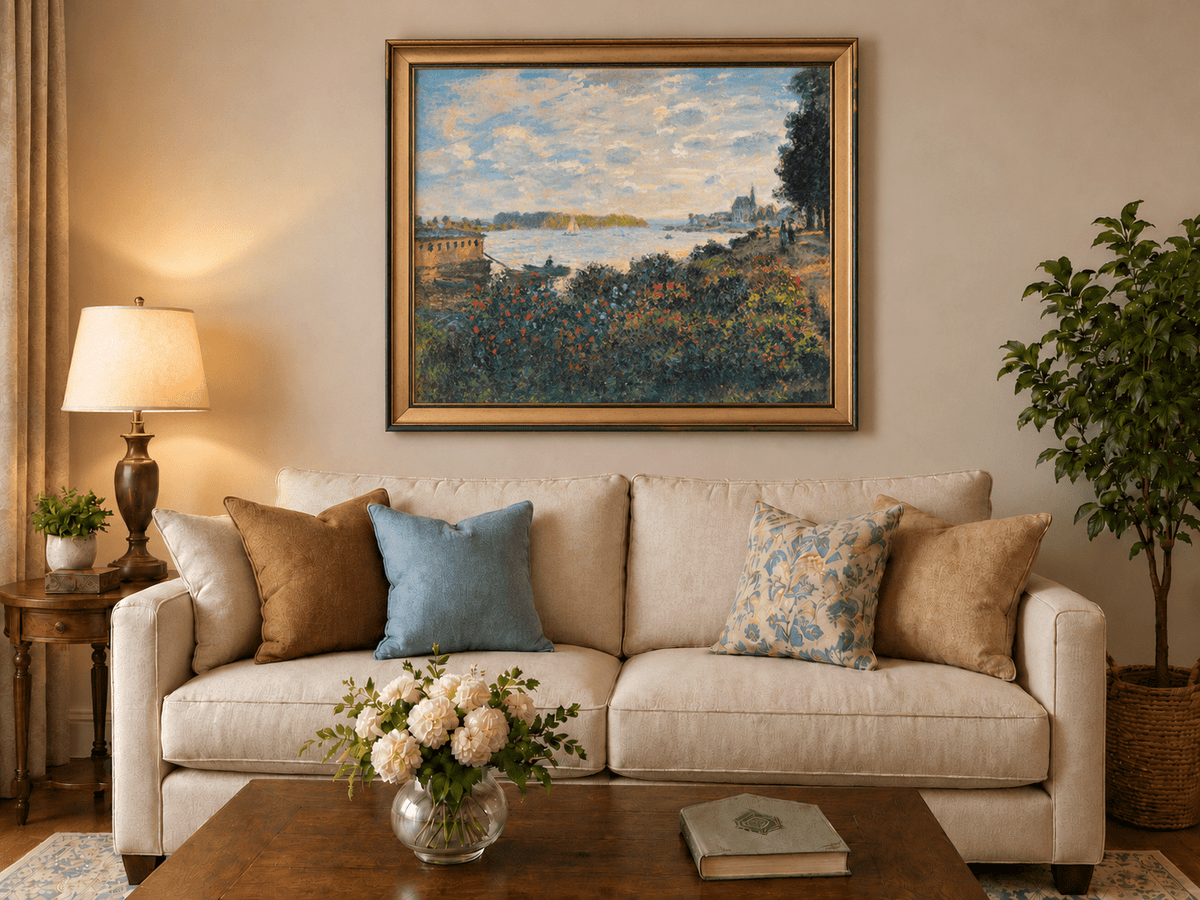 Landscape Oil Painting - Riverside Garden at Sunset with Sailboat