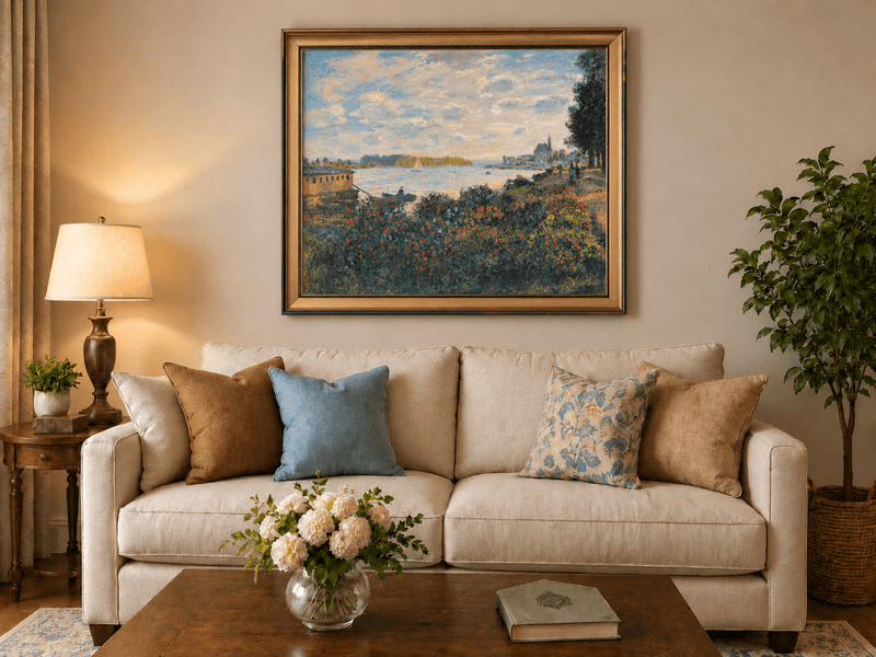 Landscape Oil Painting - Riverside Garden at Sunset with Sailboat