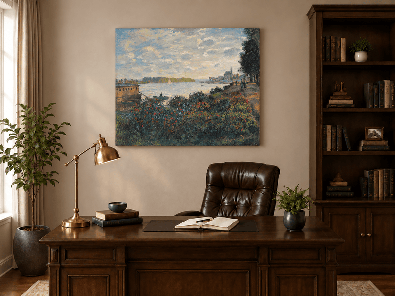 Landscape Oil Painting - Riverside Garden at Sunset with Sailboat