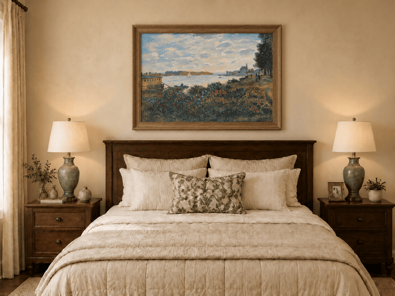 Landscape Oil Painting - Riverside Garden at Sunset with Sailboat