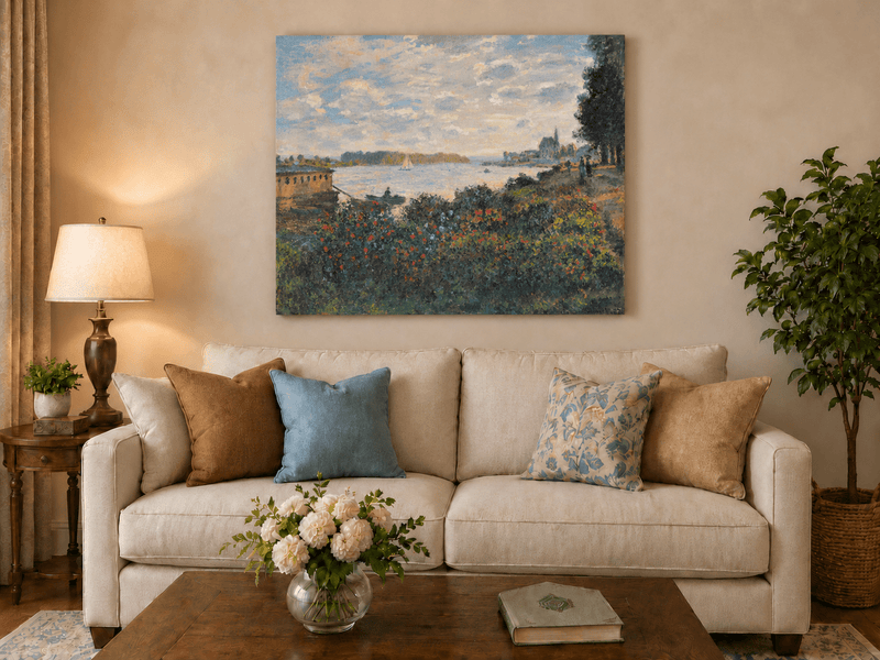 Landscape Oil Painting - Riverside Garden at Sunset with Sailboat