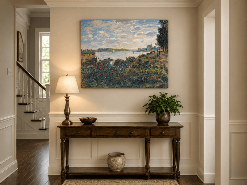 Landscape Oil Painting - Riverside Garden at Sunset with Sailboat