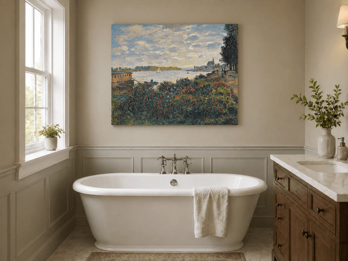 Landscape Oil Painting - Riverside Garden at Sunset with Sailboat