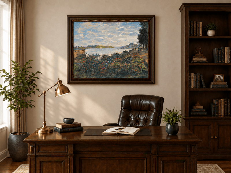 Landscape Oil Painting - Riverside Garden at Sunset with Sailboat